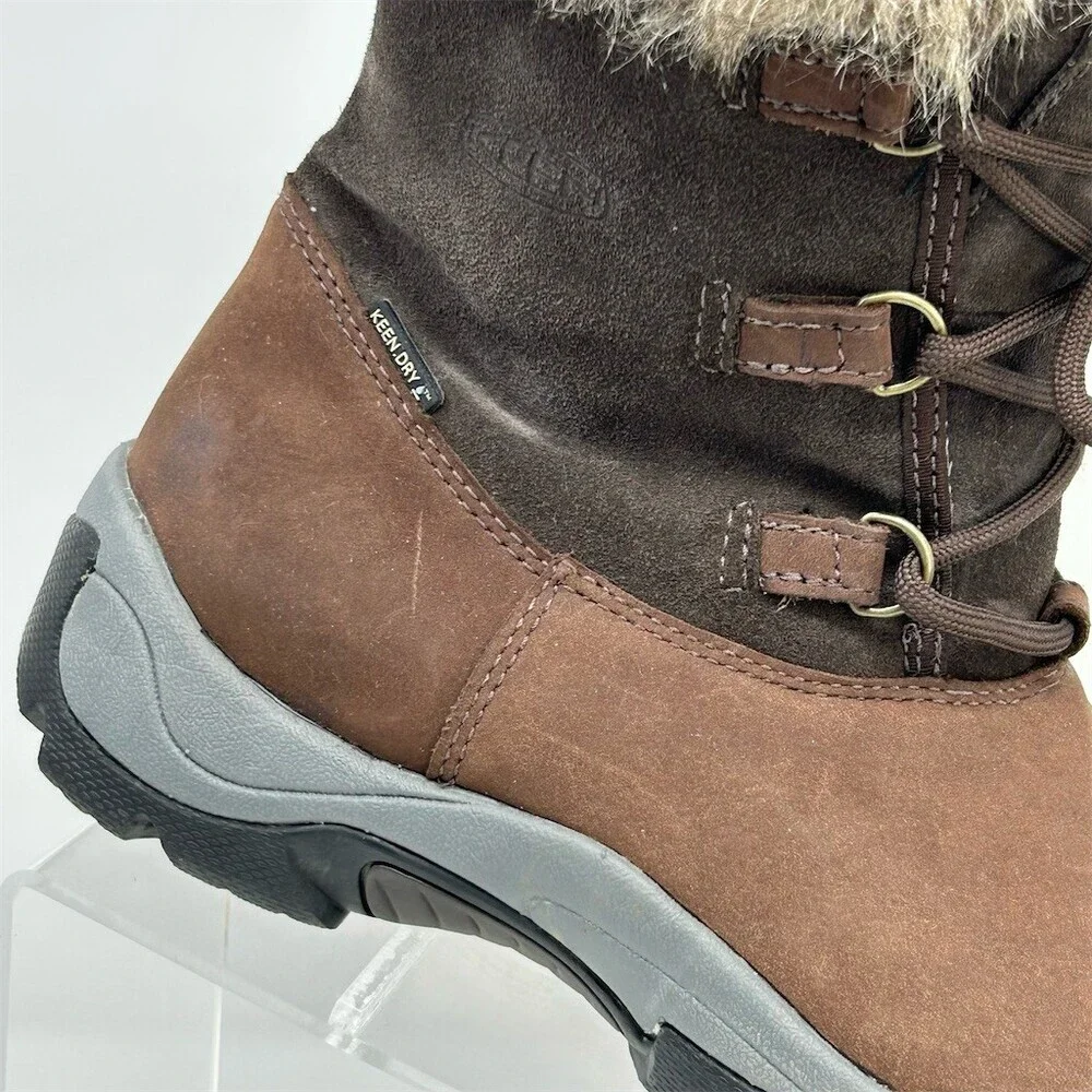 KEEN Helena Waterproof Winter Snow Boots Brown Faux Fur Cuff Lace Up Size 7.5